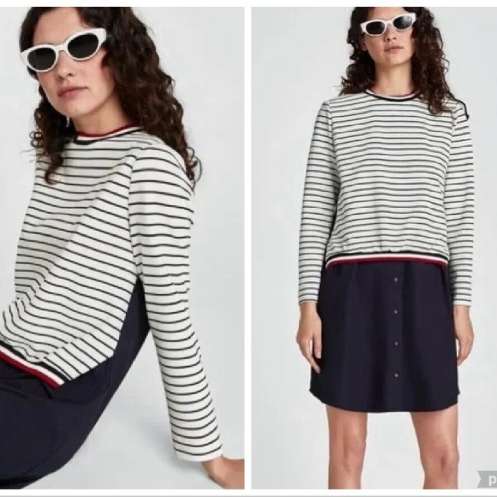 Zara Basic Striped White Navy Red Long Sleeve Shift Dress Size XL